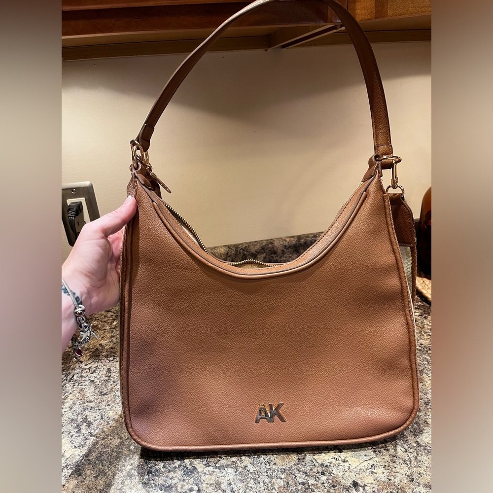 Anne Klein Faux Leather Crossbody Bag, Tan with White Canvas Adjustable Strap